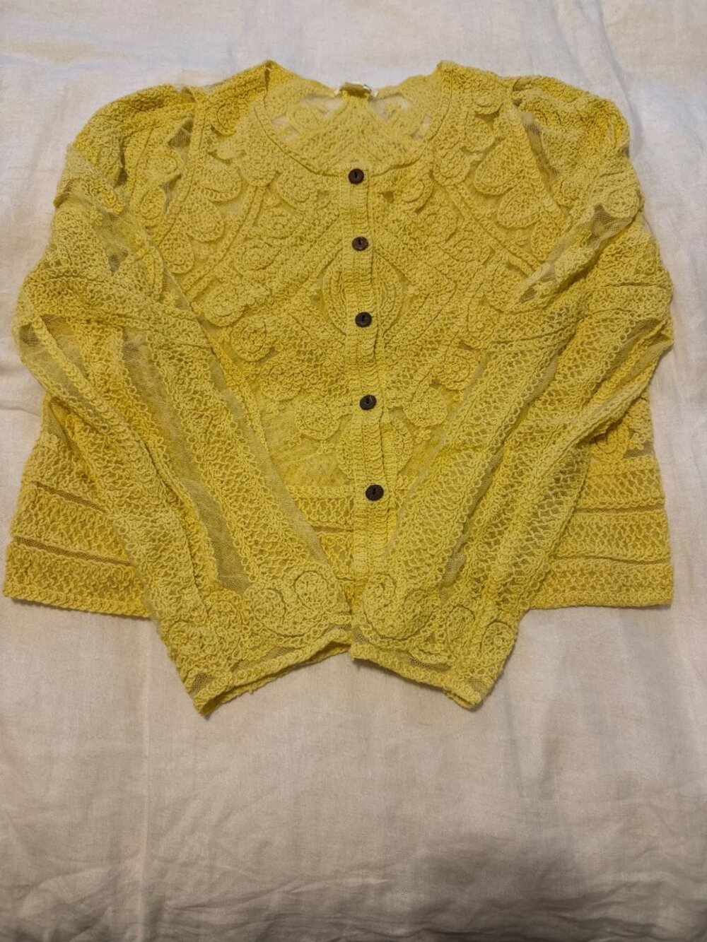 Crochet Lace Knit Cottage Core Fall Cardigan Yellow Top Size S